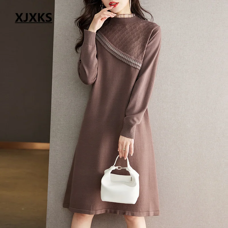 XJXKS 2022 Autumn Winter New Solid Colour Peplum Women's High Neck Dress High-end Wool Knitted Long Pullover Female Vestidos