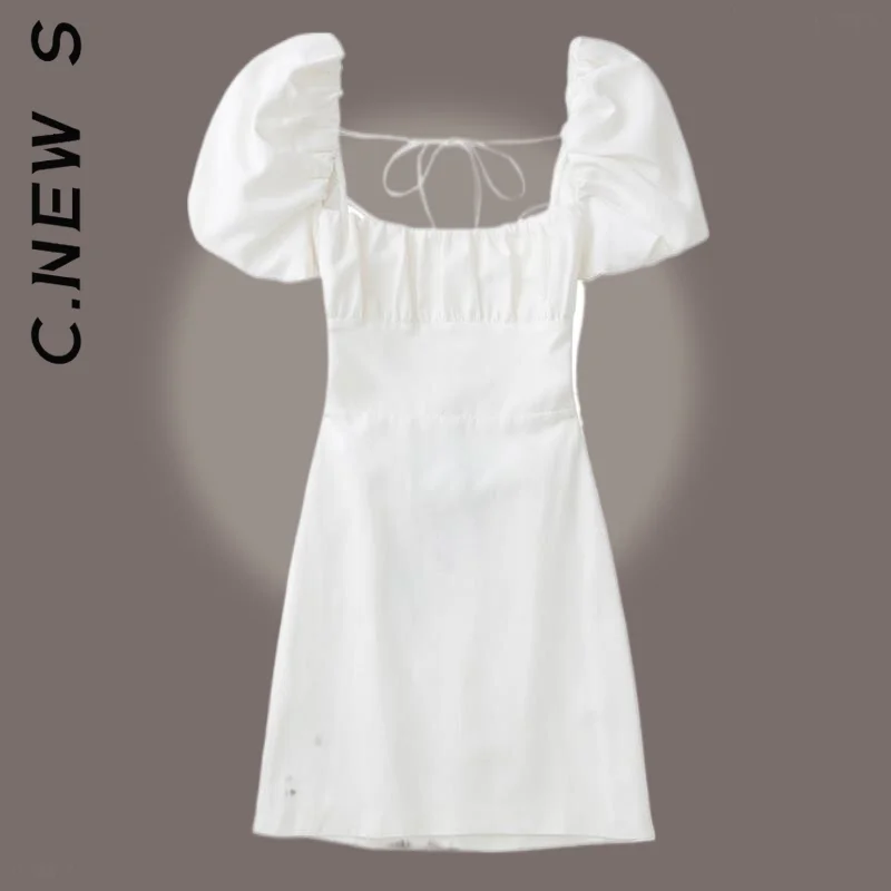 

C.New S square neck short puff sleeves backless crossover straps dress All-Match Sexy Dress Holiday Club Clothing Vestidos