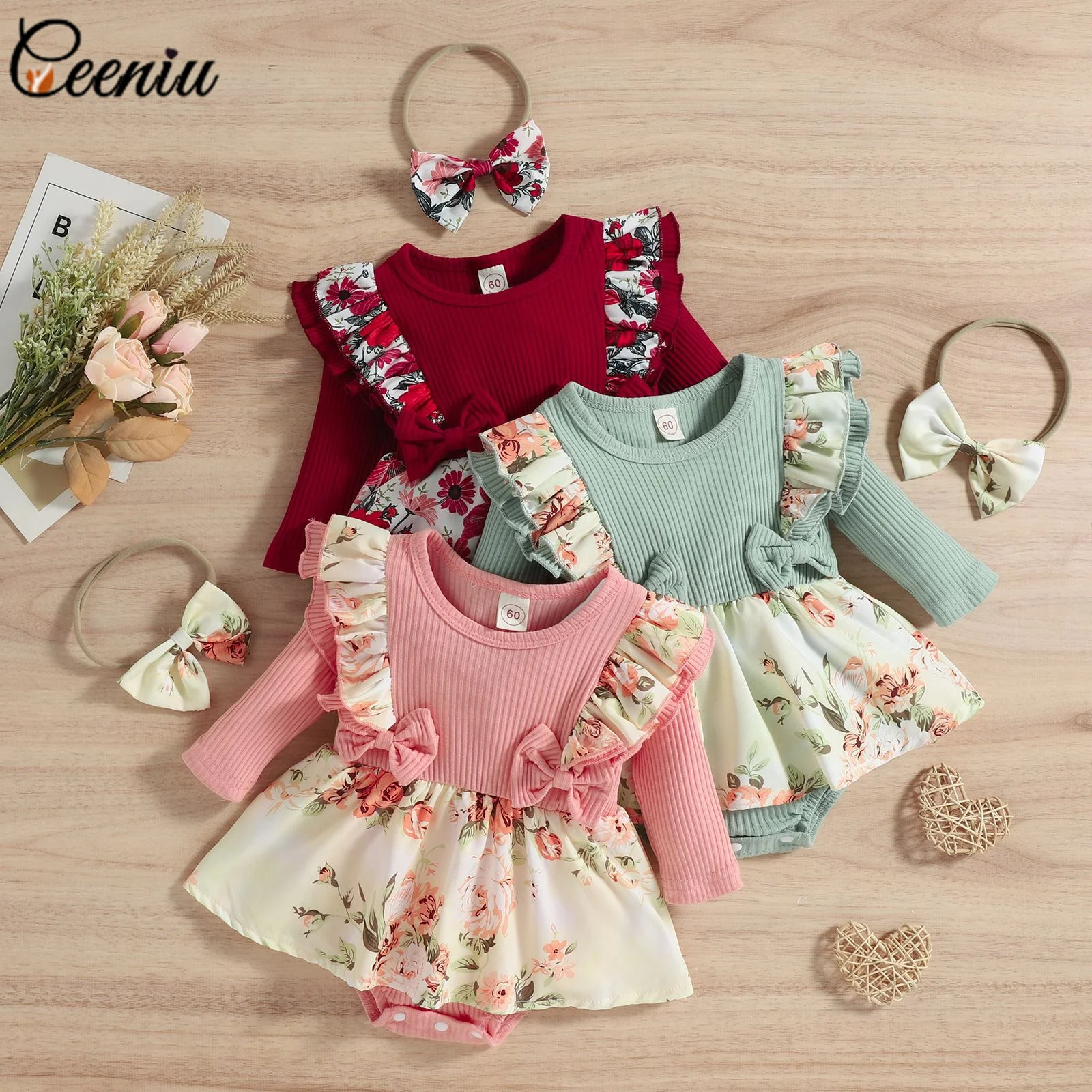 

Ceeniu 0-18M Baby Girl Princess Romper Ruffles Bowknot Small Floral Party Bodysuit Dress For Baby Girl Newborns Festival Clothes
