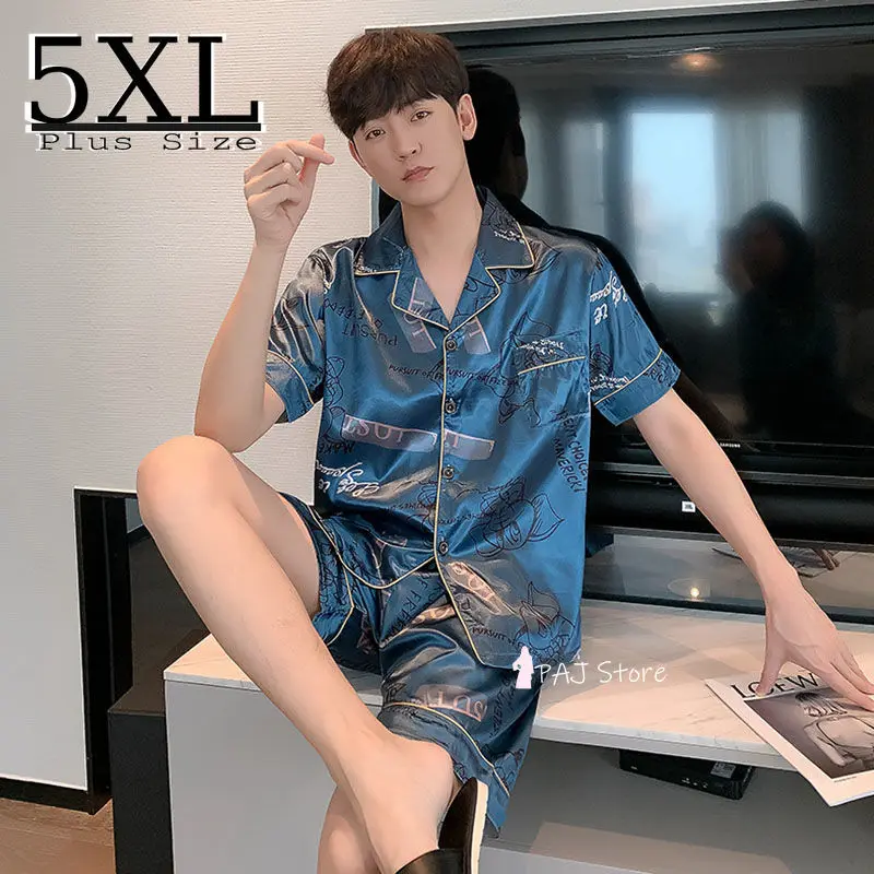 

Пижама короткая мужская атласная, Повседневная Пижама, комплект домашней одежды, шелк, большие размеры 5XL, на лето