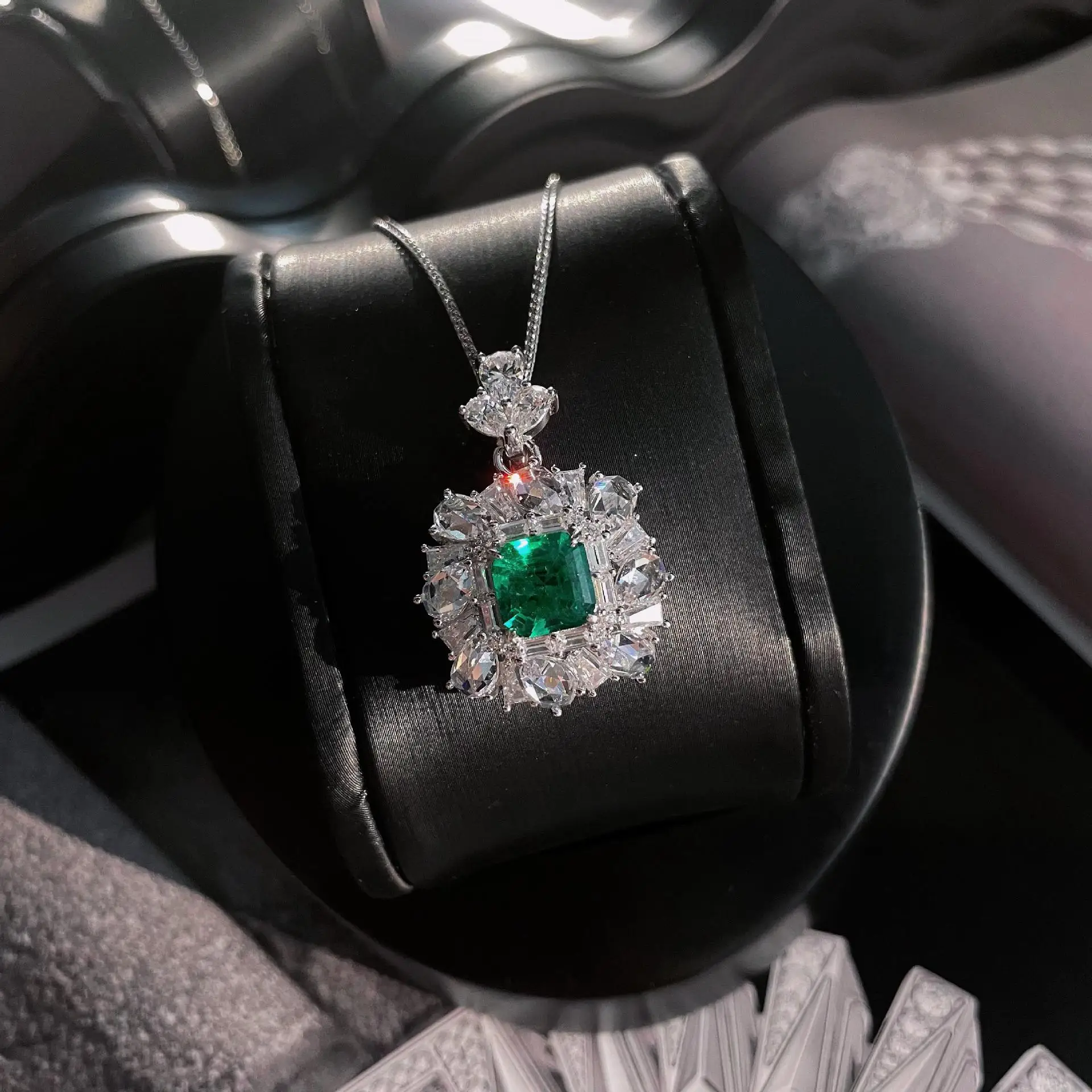 Фото Новое серебряное квадратное ожерелье S925 Pagoda 8*8 Wood Sasa Azul Green, 3 карата, модное ожерелье с бриллиантами, 60 см, свадебные украшения №4
