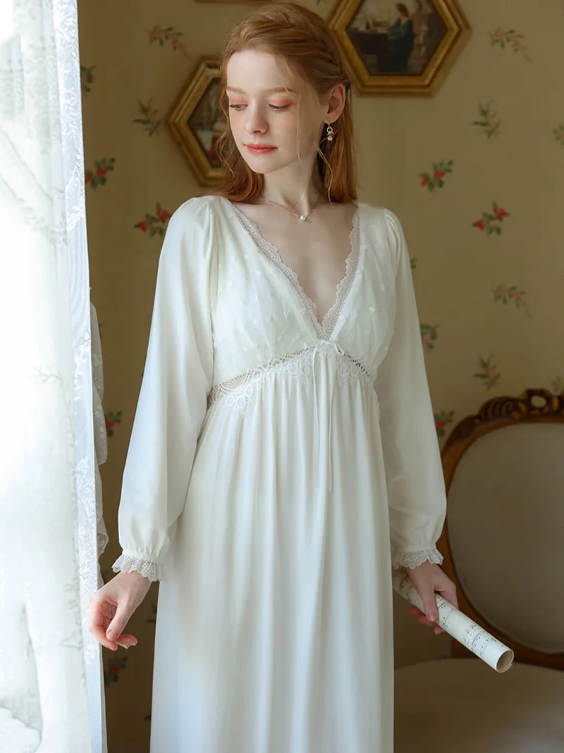 Women Spring Vintage Nightdress Sleepwear Long Sleeve Cotton Victorian Sexy Nightgowns V-Neck Ruffles Lace Princess Pajamas
