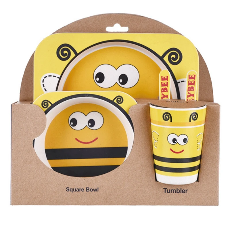 

5Pcs Baby Natural Bamboo Tableware Bamboo Bowl Baby Feeding Tableware Children Cute Cartoon New Year Gift Bowl Set