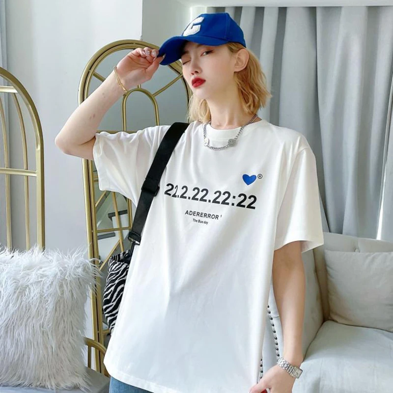 

Short-sleeved Women ADER EROOR Tide Brand Heart-shaped Patch T-shirt Number 222 Printing Summer High Street Korean T-shirt