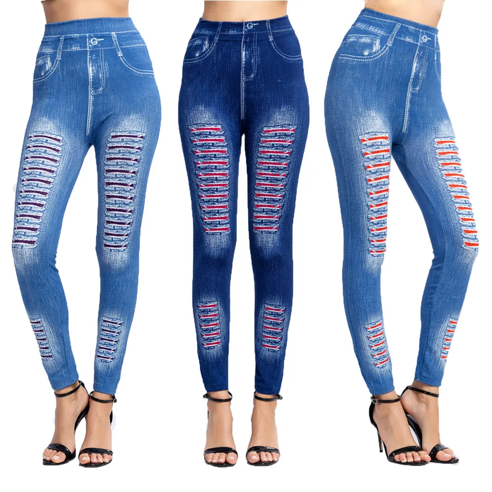 

Jeggings Jeans for Women High Waist Skinny striped Fake Denim Leggings Femme Push Up Pencil Pants Plus Size Stretchy Leggings