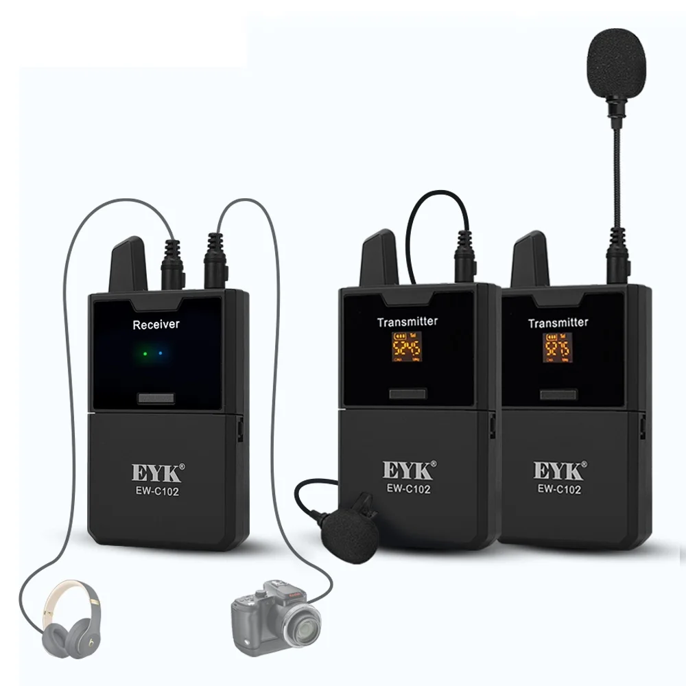 

2023 EW-C102 микрофон для камеры с отворотом UHF Беспроводной петличный микрофон с функцией аудио монитора для телефонов DSLR DV видеокамера веб-тран...