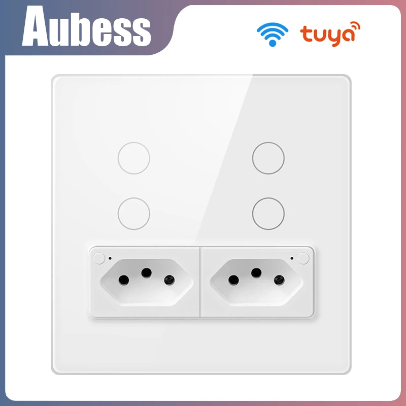 

Tuya Brazil 4x4 WiFi Wall Switch With Socket, Touch-Sensor Smart Home Interruptor 4Gang Light Switch Work With Alexa Google Home