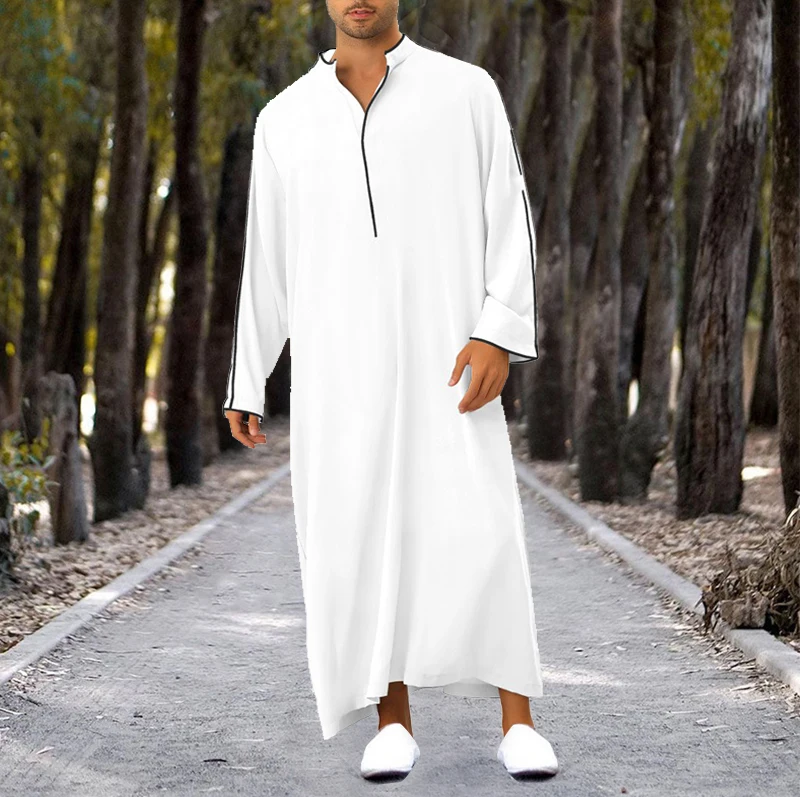 Men's Long Shirt Muslim Robe Islamic Ramadan Juba Kaftan Dishdash Arabic Robe Eid Al-Fitr Umra Hajj T-shirt Dress Men's Coat