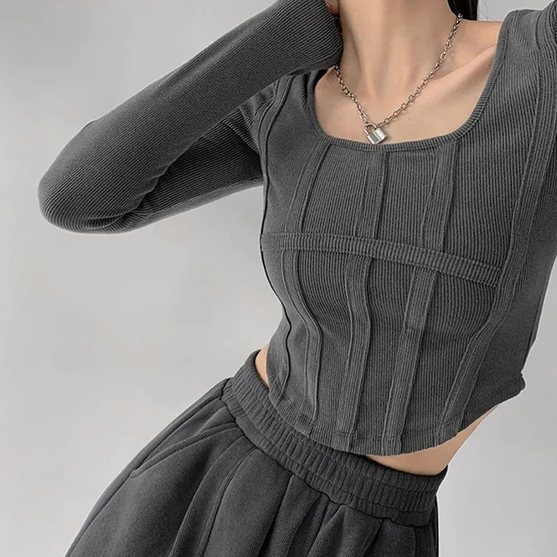 Женский укороченный топ Y2K с длинным рукавом и круглым вырезом хлопковые рубашки