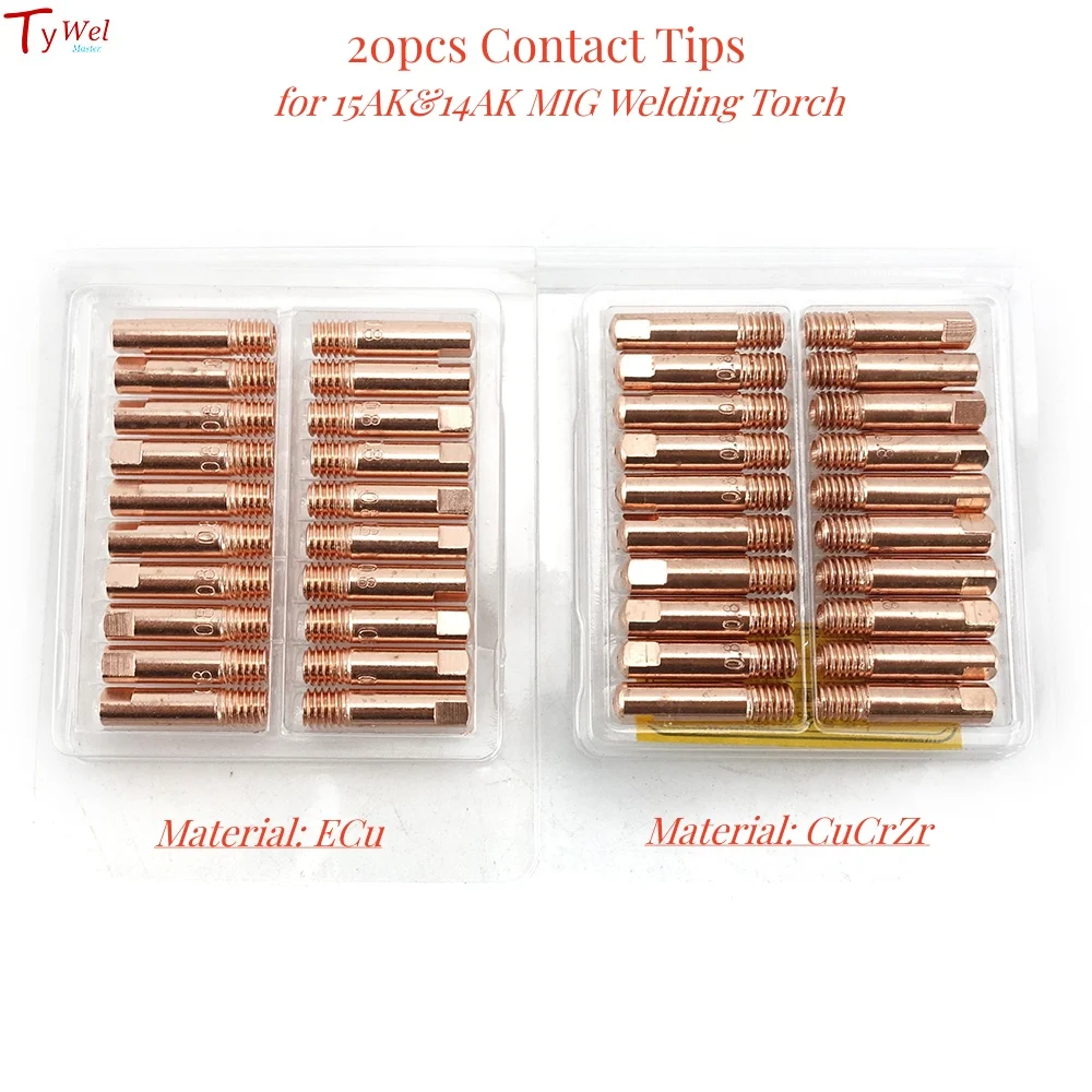 20pcs 15AK Contact Tips ECu CuCrZr Welder Consumables 0.6 0.8 0.9 1.0 1.2mm M6x25mm MAG Accessory for MIG Welding Torch