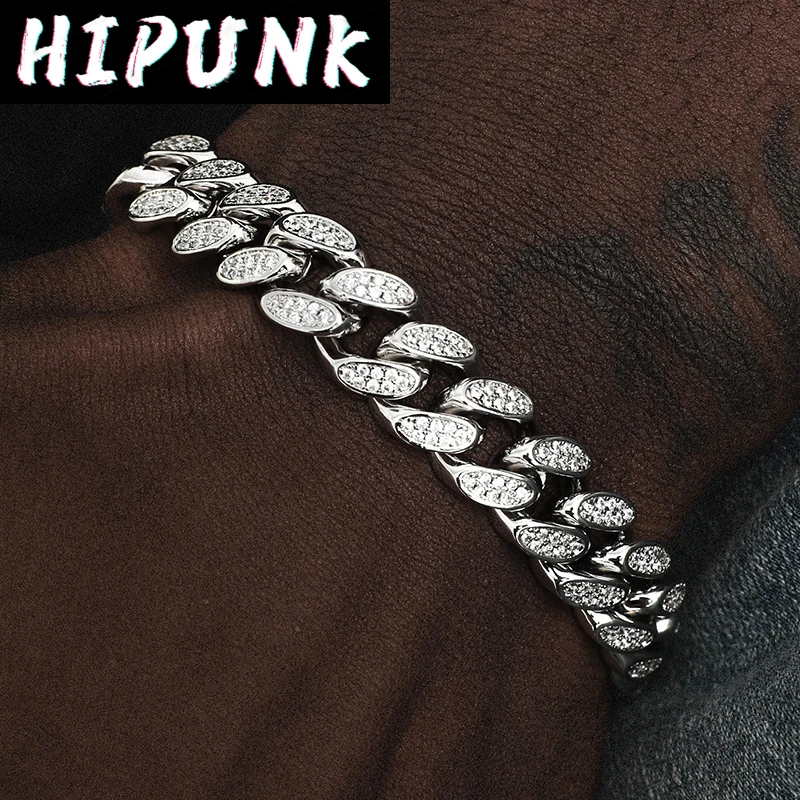 

Punk Hip Hop Iced Out Cuban Chain Paved Gold Silver Color Full Miami Luxury Bling Bracelets For Men Women Jewelry