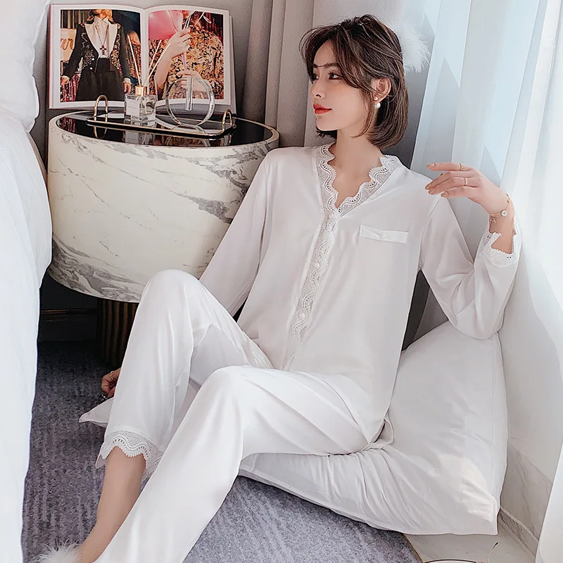 Women's Pajamas Summer Silk Ice Thin Sexy Ins Princess Style Long Sleeve Two-Piece Set Artificial Silk Homewear