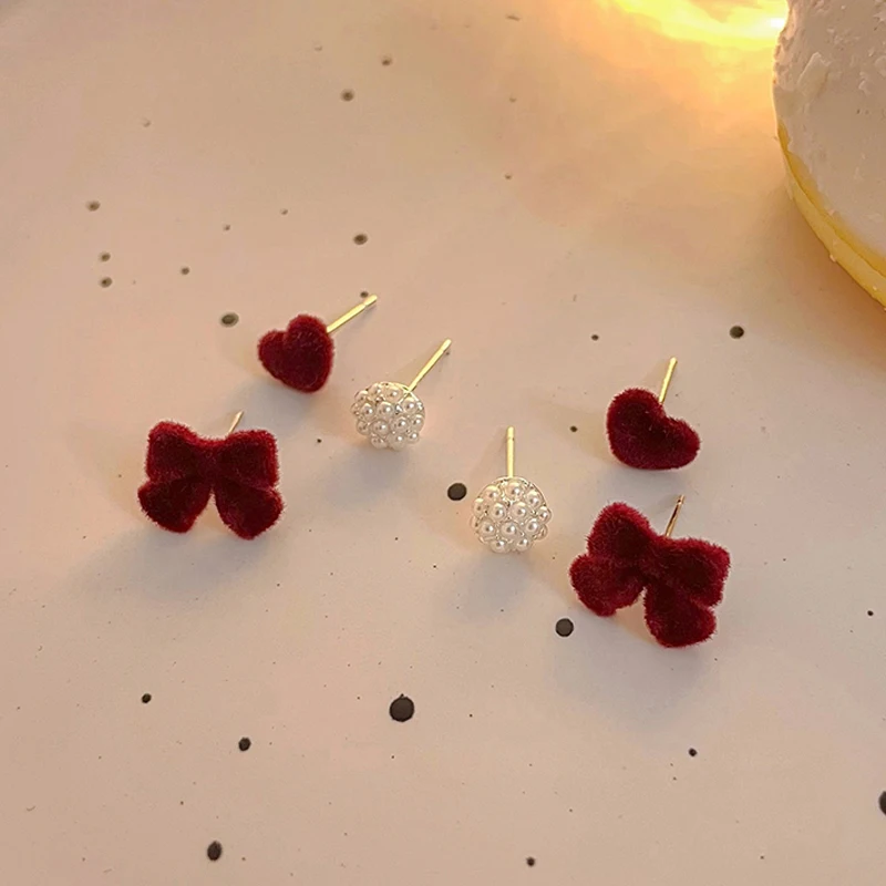 

3pcs /Set Vintage Piercing Earrings Red Flocked Bowknot Pearl Heart Women Clip Stud Dangle Hoop Drop Earrings Jewelry Wholesale