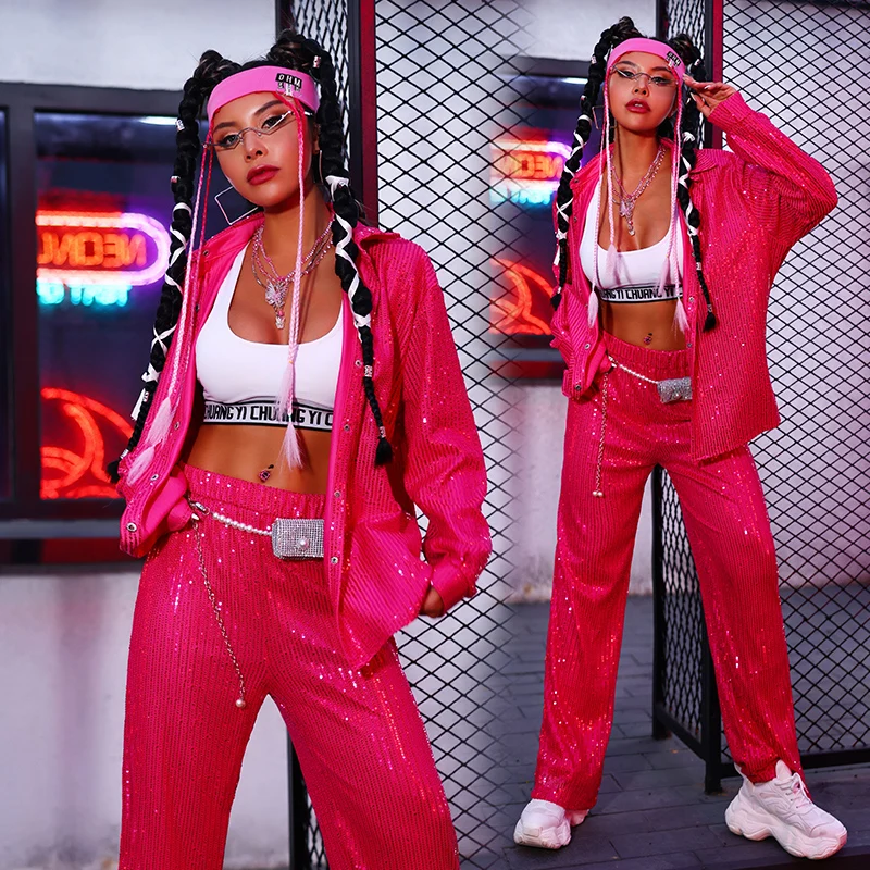 Женский костюм для джазовых танцев розовый с блестками в стиле хип-хоп одежда