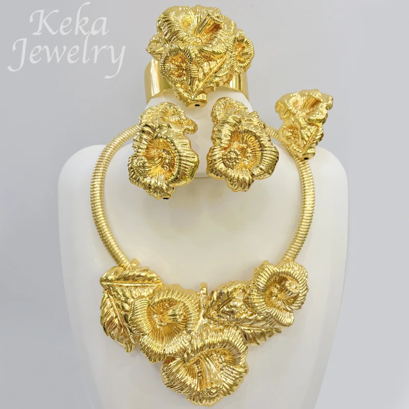 

Fashion 4Pcs Jewelry Set for Women 18K Gold Plated Big Flower Necklace and Earrings with Dangle Ring Bangle for Engagement Gift