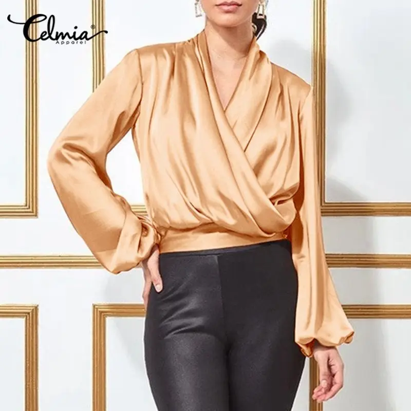 

Women 2022 Fashion Wrap Blouses Celmia Elegant Satin Long Puff Sleeve Short Tops Sexy V Neck Pleated Waist Blusas Office Shirts