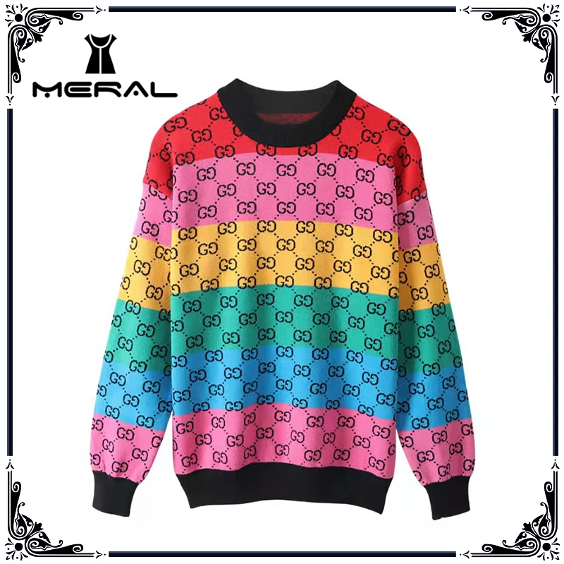

MERAL autumn winter new color matching knitted retro long sleeve fashion loose casual sweater