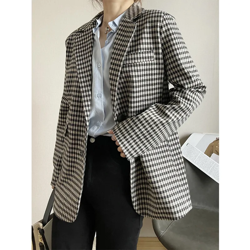 Vintage Plaid Women's Blazer Jackets Office Lady Work Wear Outerwear Single-breasted Loose Casual Suit Coats Female