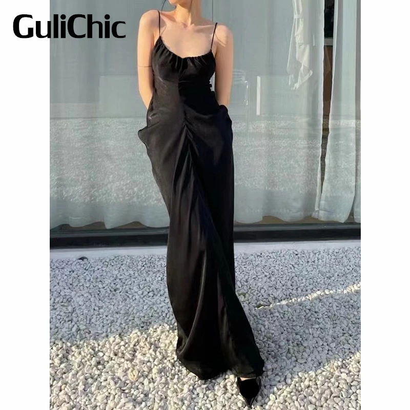 

4.20 GuliChic Women Elegant Sexy V-Neck Spaghetti Strap Backless Slim Draped Maxi Dress Or Black Sleeve