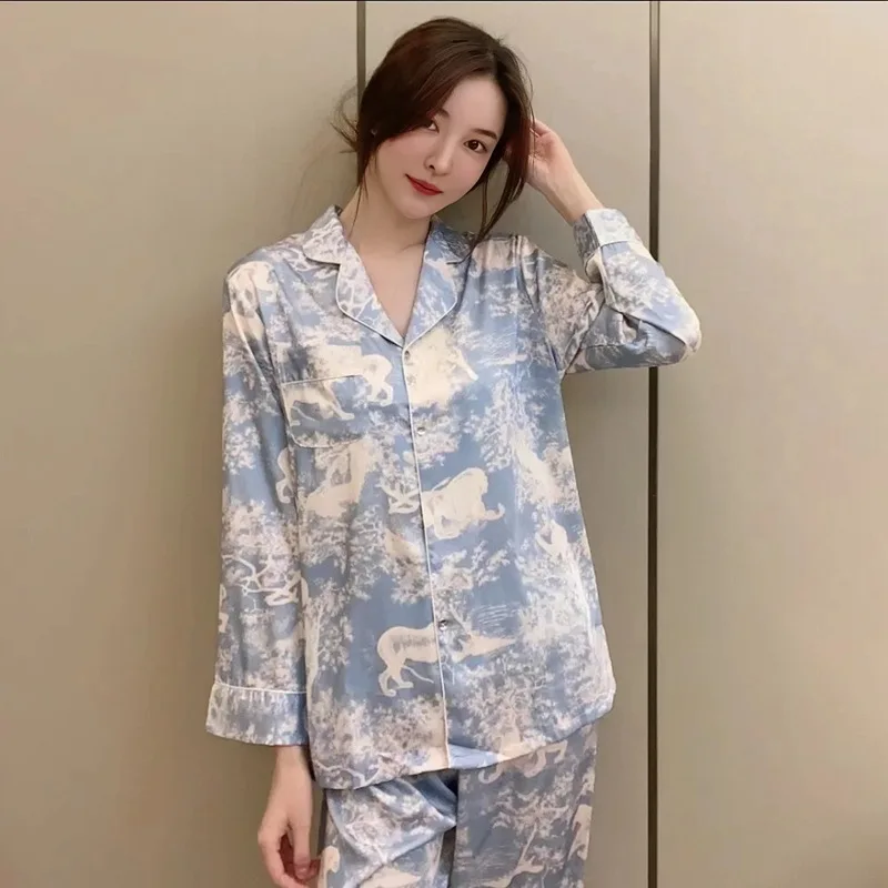Silk Pajamas Women's Summer Ice Silk Leopard Print Sexy High-end Luxury Casual Home Wear Ladies Long-sleeved Trousers Suit