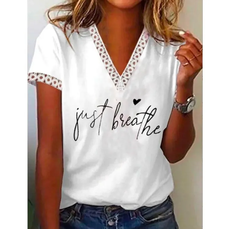 Женская Кружевная футболка с V-образным вырезом и коротким рукавом |