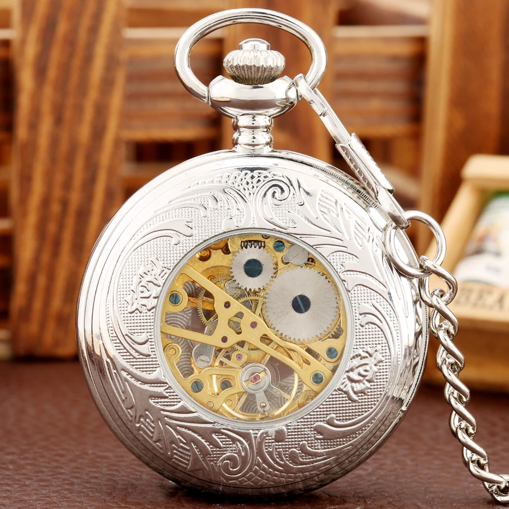 Silver Manual Mechanical Pocket Watch Fob Chain Roman Numerals Carved Display Classic Vintage Hand Winding Pocket Clock