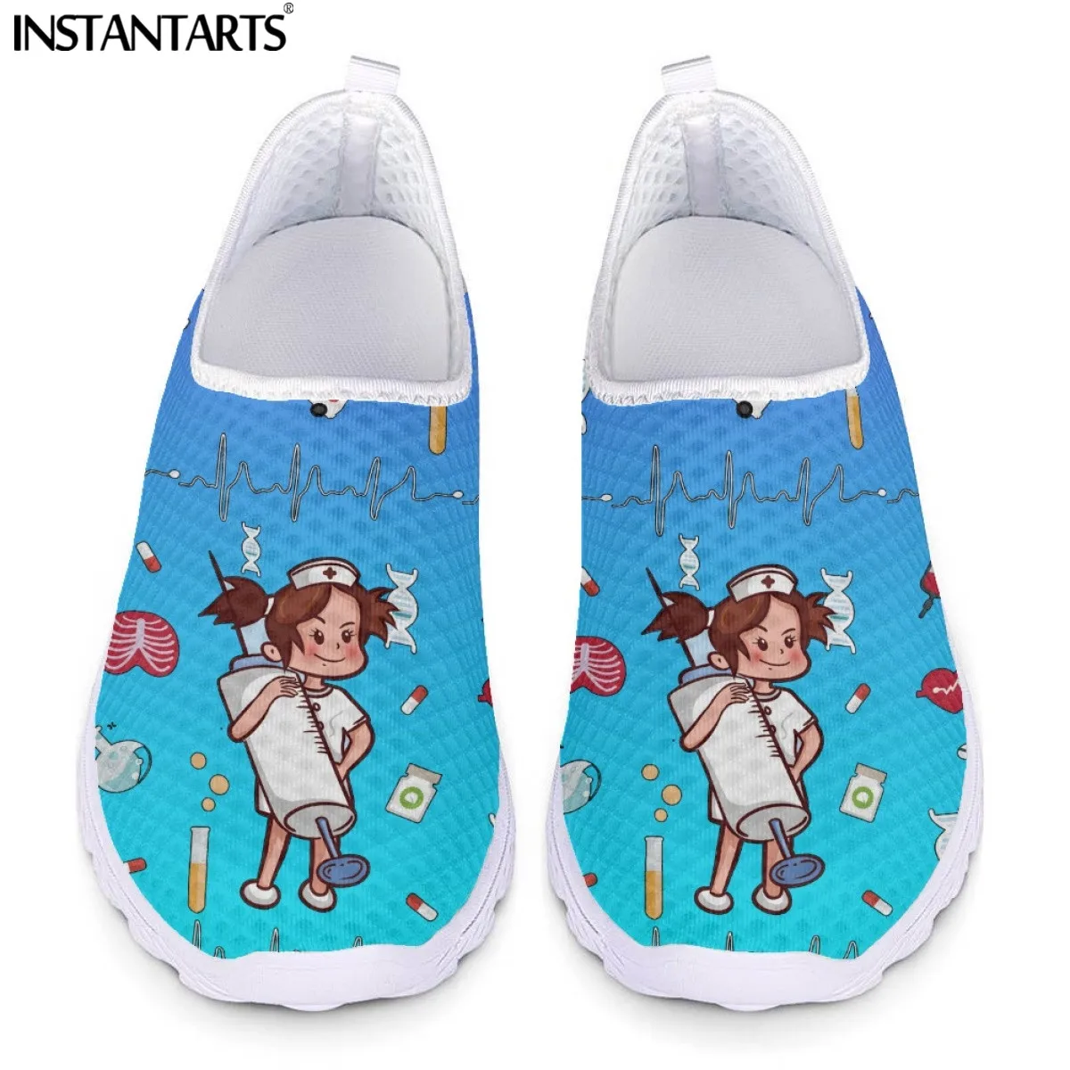 

INSTANTARTS Gradient Nurse ECG EMT EMS Pattern Flats Women's Casual Walking Shoes Ladies Girls Light Mesh Female Loafers femme