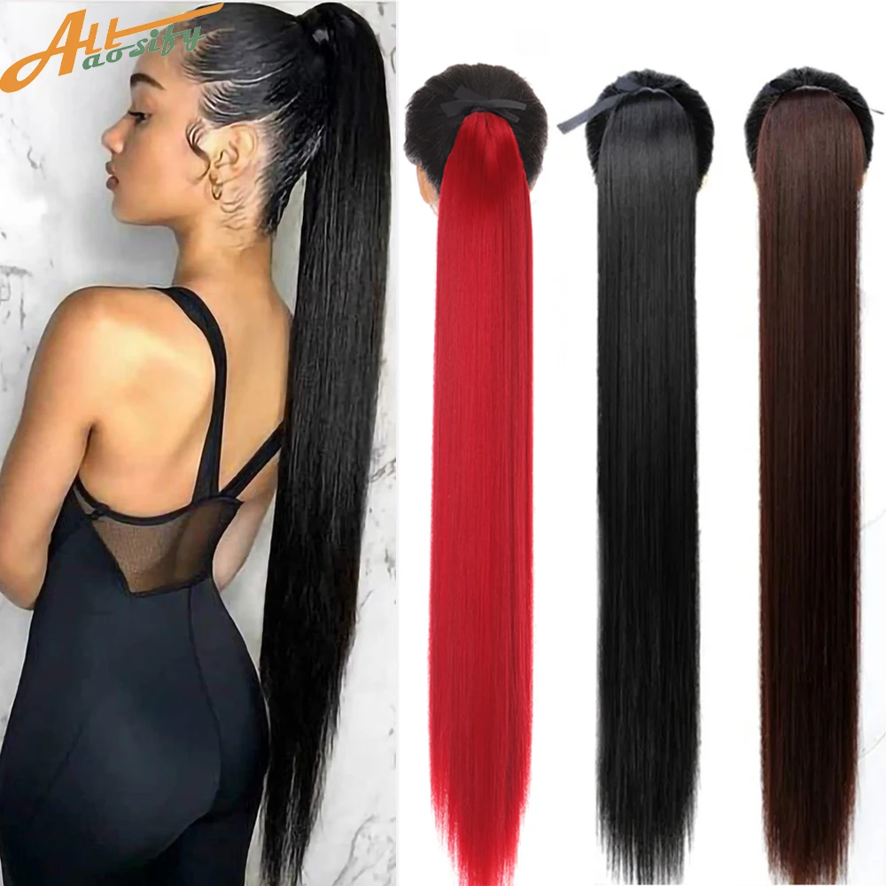 Allaosify-coleta de pelo sintético para mujer, accesorios de extensión de cabello liso, color negro y marrón, con Clip y correa larga de 32 pulgadas