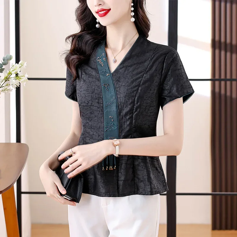 Лето 2024 новая рубашка для похудения в китайском стиле женский топ на пуговицах с