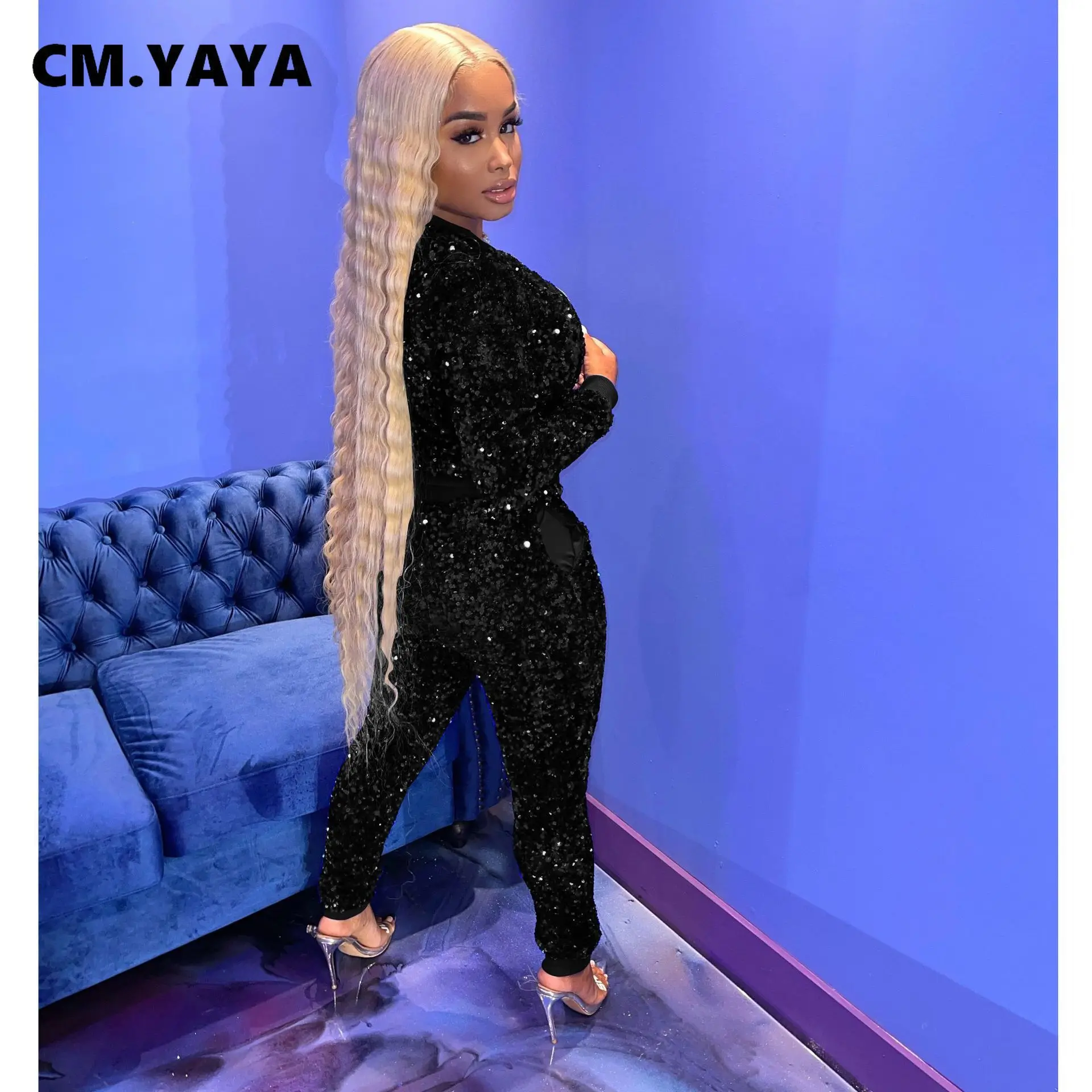 CM.YAYA Autumn Winter Streetwear Sequins Women's Set Zipper Fly Jacket and Pants Tracksuit Two Piece Fitness Outfits |