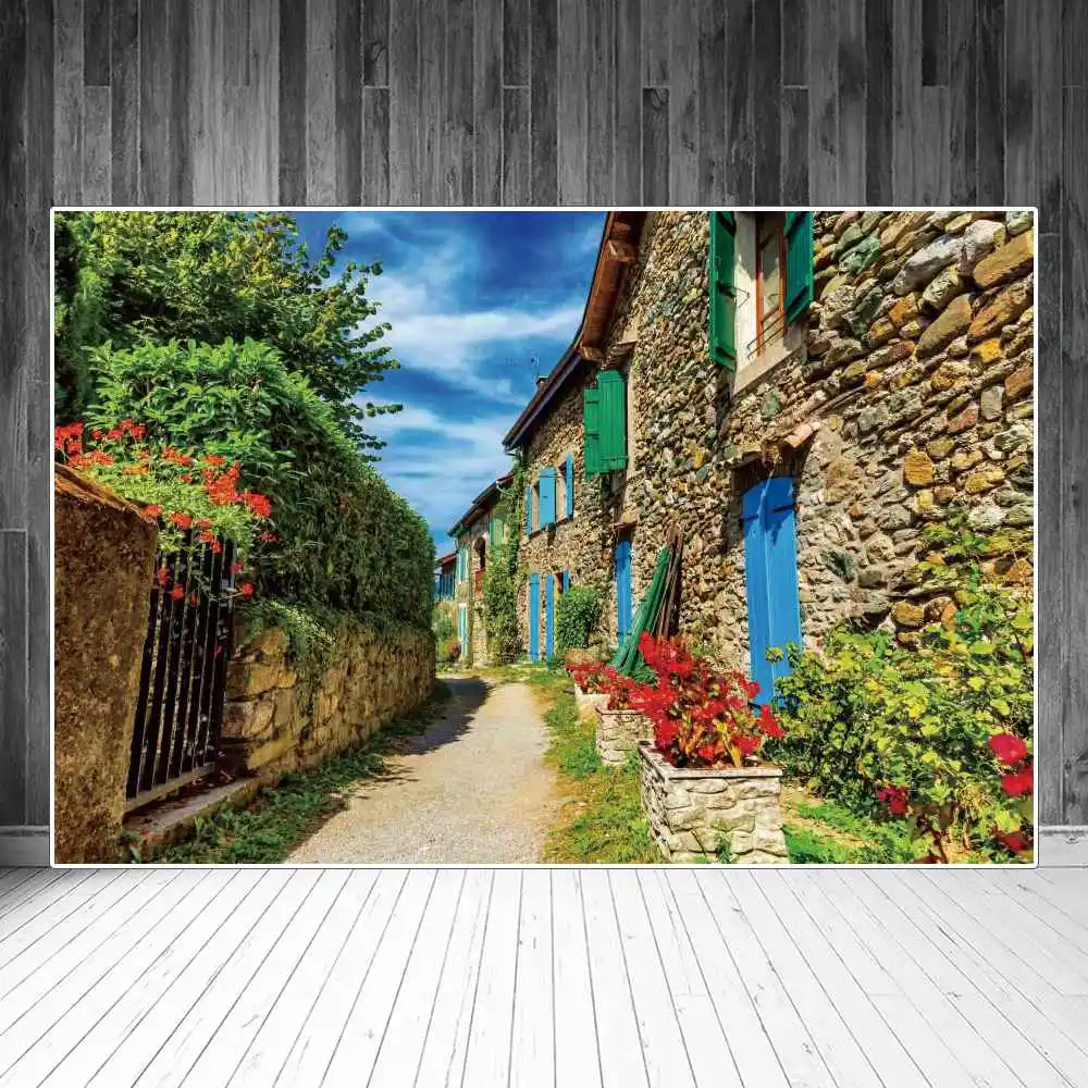 

Rural Village Photography Backdrops Town Street Potted Flowers Plants Alley Corridor Photographic Backgrounds Portrait Props