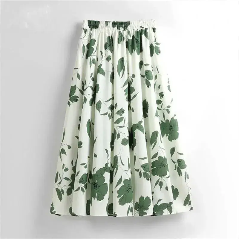 Mori Girl Style Skirt Women Fashion Basics Floral Print Casual Korean High Waist A-line Loose Elastic Waist Long Skirt