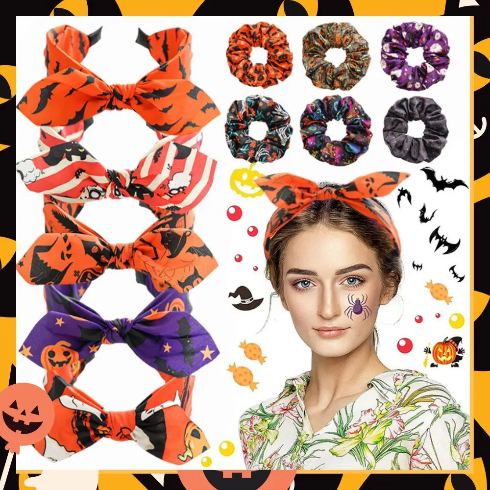 

Halloween Style Women Wide Hairband Rabbit Ears Knotted Hair Hoop Ghost Skull Pumpkin Print Hair Rope Girls Hair Accessories