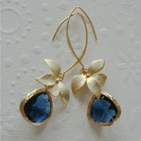 fashion orchid cobalt blue earrings inlay blue glass dangle earrings wedding bridal gift