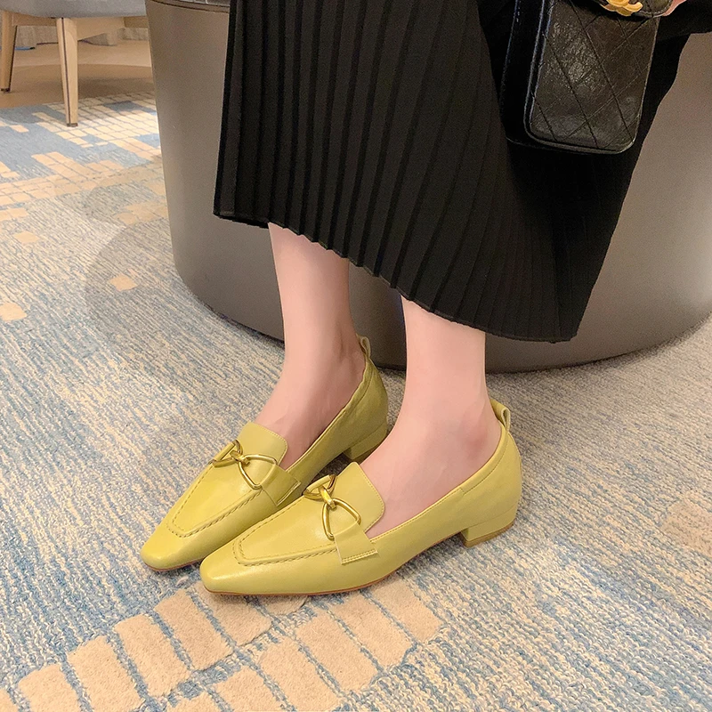 34-40 large size yellow women's shoes with metal buckle bow sheepskin square head low heel thick heel shoes women