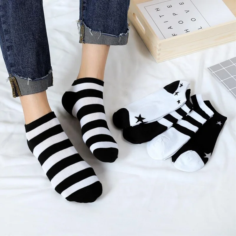 5 Pairs Summer Women Fashion Short Socks Summer Breathable Casual Invisible Boat Socks Preppy Style Stripe Low Ankle Socks Set
