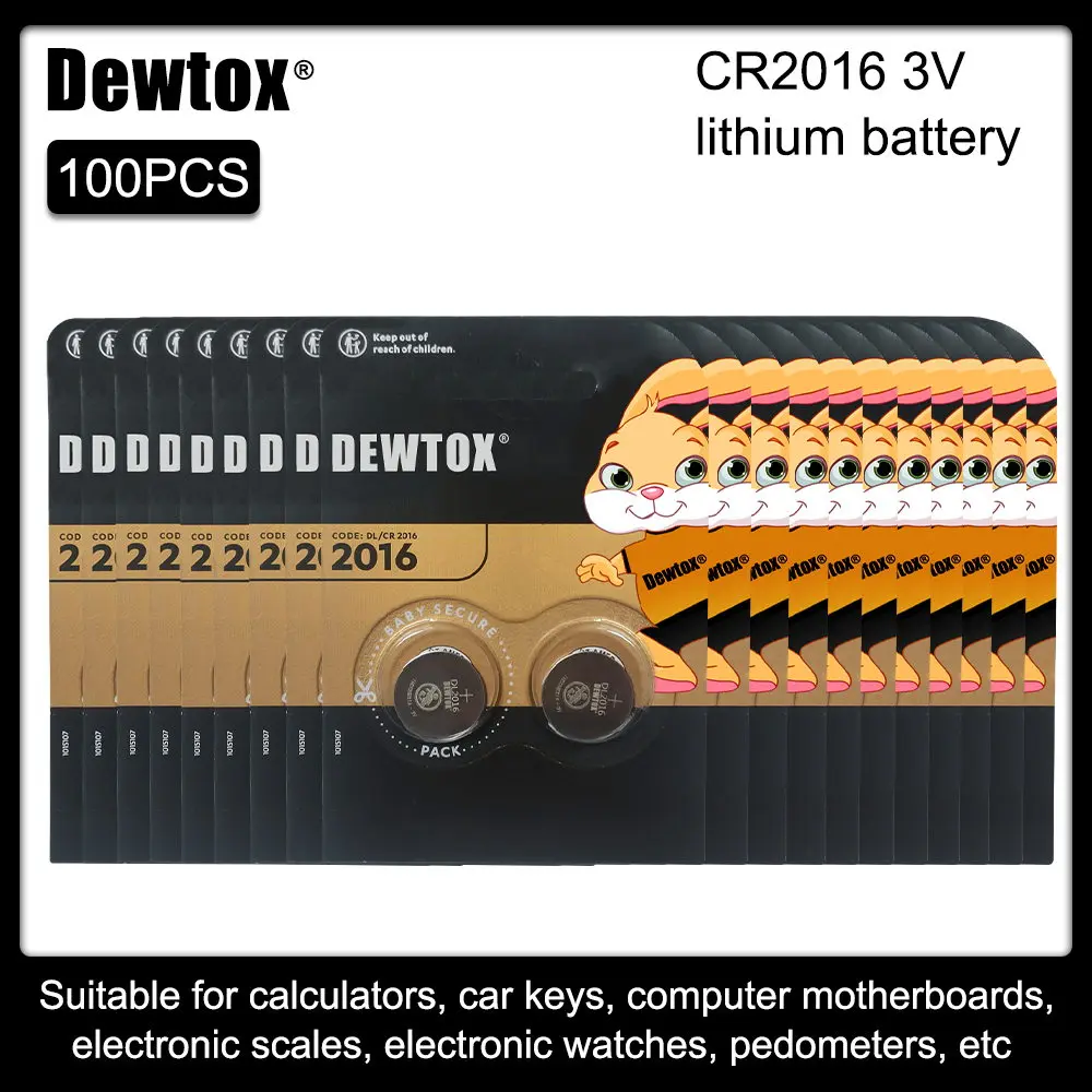 

100PCS/LOT For DEWTOX 3V cr2016 Top Quality Lithium Battery Button Battery Watch Coin Batteries cr 2016 DL2016 ECR2016