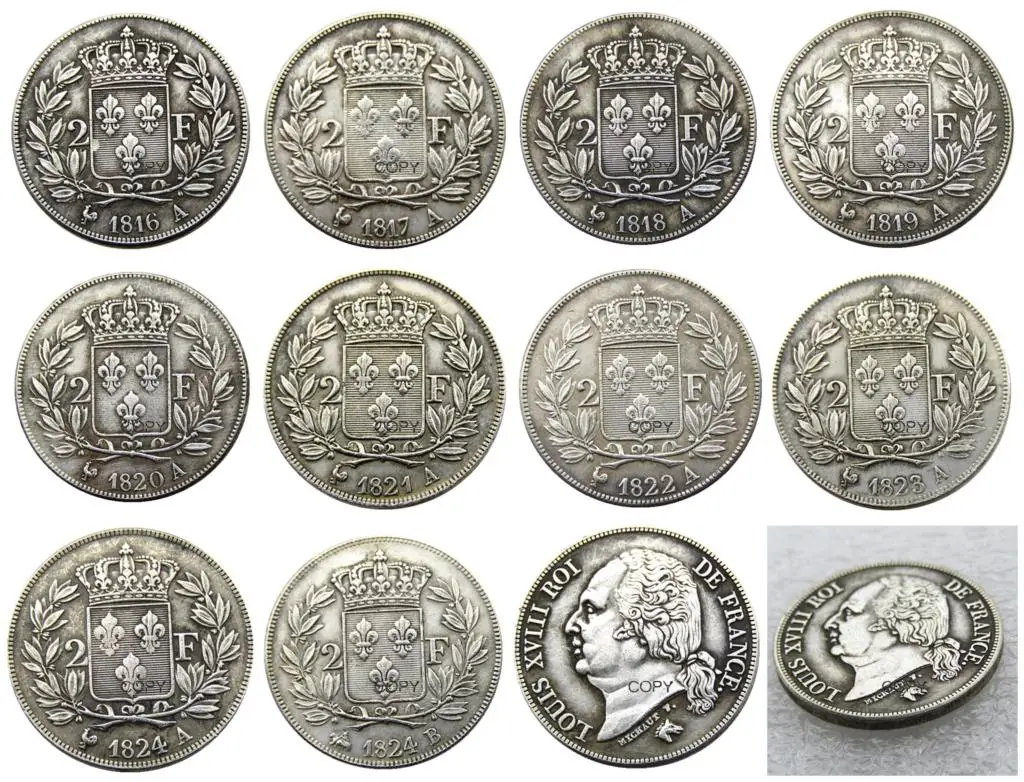 

France (1816-1821A) 10 pcs 2 Francs Louis XVIII Silver Plated Copy Coins