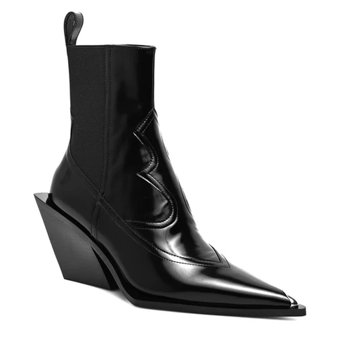 Пикантные короткие ботинки с острым носком на высоком массивном каблуке, черные ботинки челси без шнуровки, дизайнерские женские ботинки на танкетке