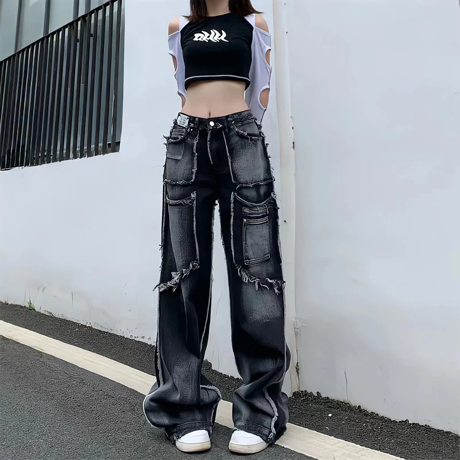 Y2K 2023New Fashion Wide Leg Trousers Vintage Wash Rough Edge Straight Tube Splicing  Multiple Pockets High Street Jeans Unisex