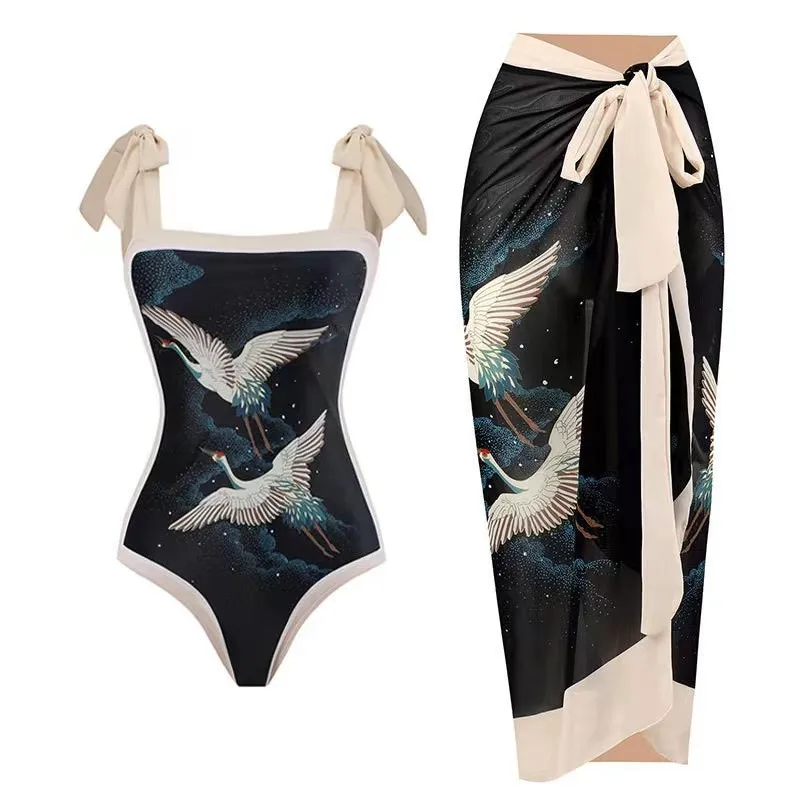 

2023 New Sexy One Piece Swimsuit Women's Clothing European and American Bikini Lace-up Swimsuit Outfit Long Dress Chiffon Bikini
