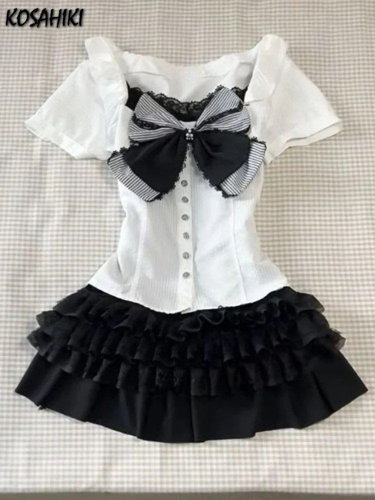 Женская кружевная блузка с бантом белая приталенная составного кроя квадратным