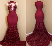 luxury dark red african prom formal dresses 2022 3d rose flower high neck lace arabic evening party gown robe de soiree