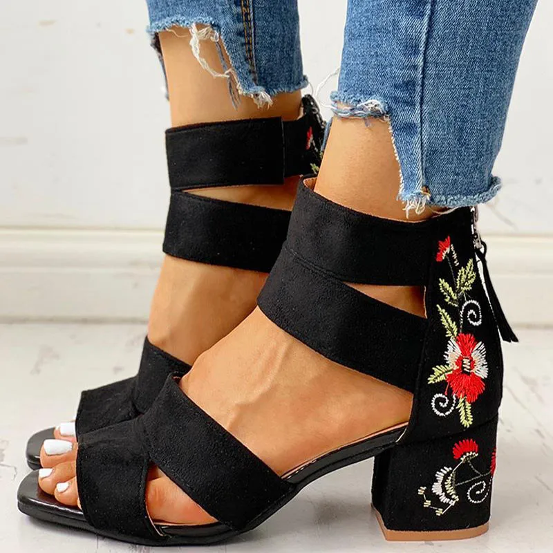 

Ethnic Style Embroidered Mid-heel Sandals Women 2022 Summer All-match Thick Heel Elegant Retro Open Toe Embroidered Shoes Women