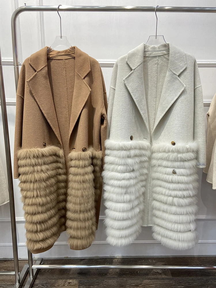 Роскошное Женское зимнее теплое шерстяное пальто из натурального Лисьего меха