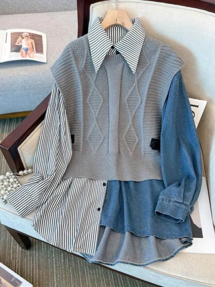 

Блузка женская джинсовая в полоску и Трикотажный жилет