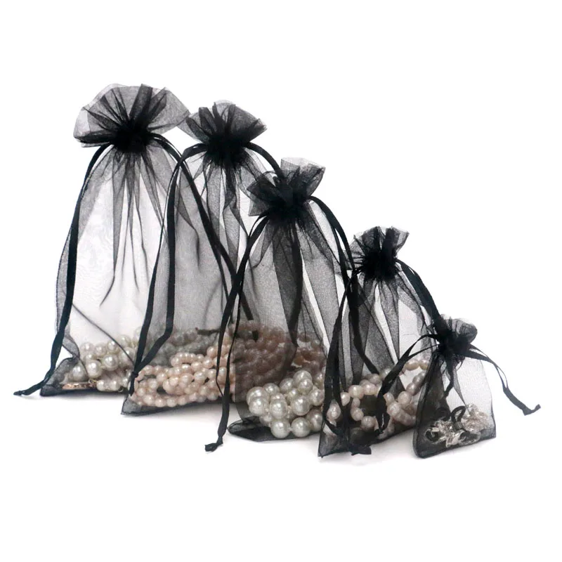 

150 pcs/batch Black Drawstring Organza Bag Wedding Candy Jewelry Packaging Display Beautiful Gift Bag 9x12cm