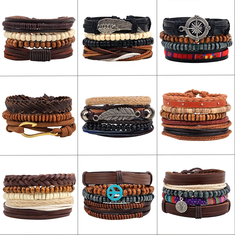 

Fashion Vintage Leather Male Bracelet Set Multi Combination Handmade Alloy Charm Cowhide Wood Beaded Braid Adjustable Jewellery