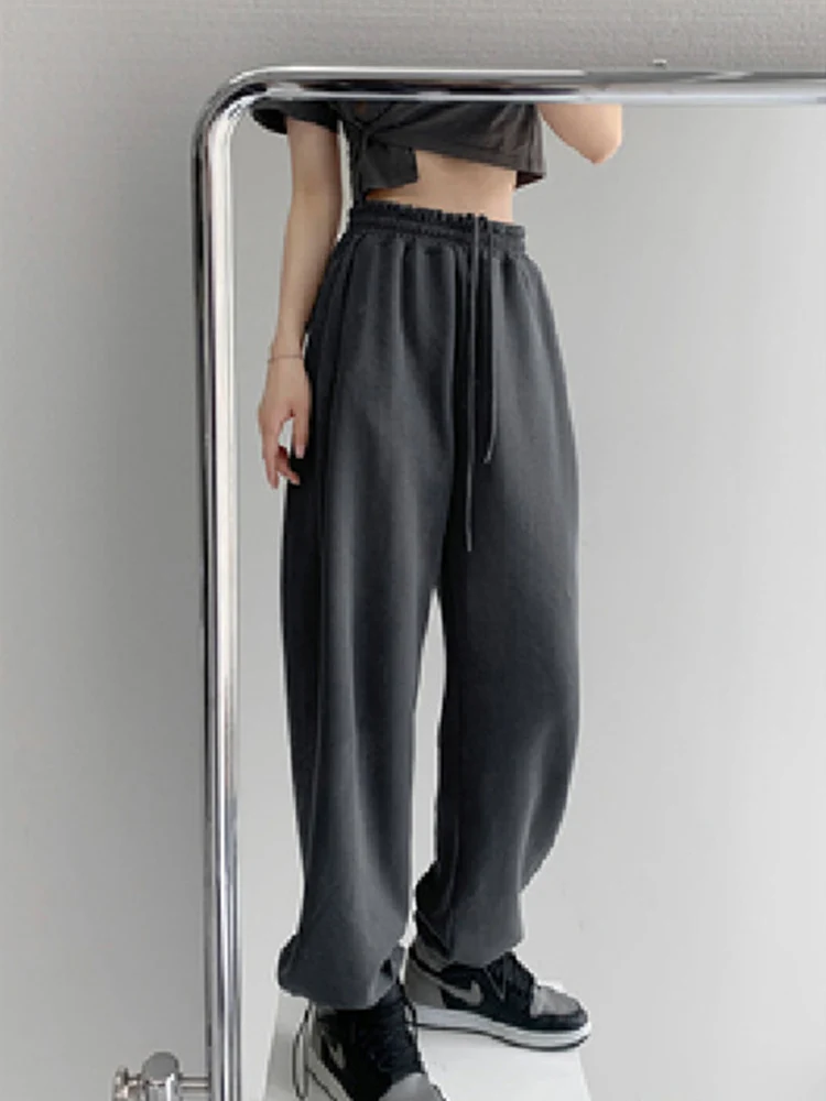 Корейские белые синие брюки женские с высокой талией свободные шаровары на