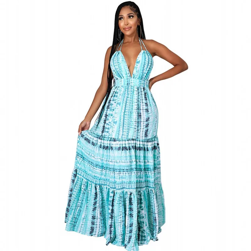 

Gradient Color Printing Women Summer Bohemian Dress Charming Halter Lace-up Backless Sleeveless A-line Floor-length Dresses
